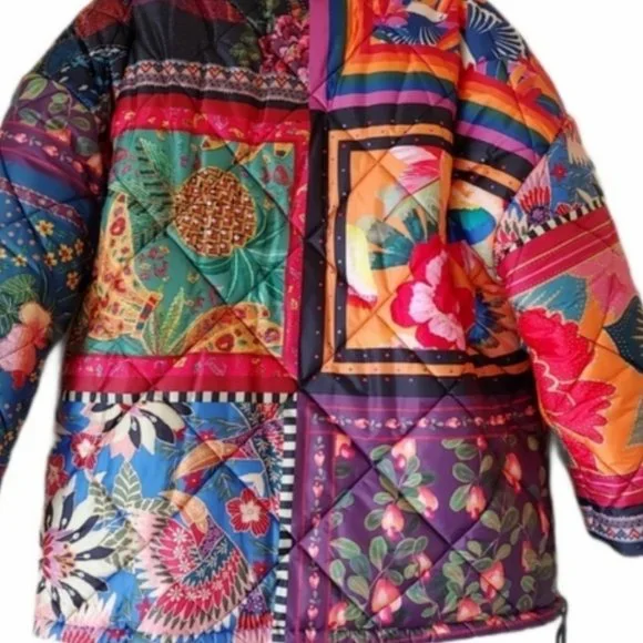 FARM Rio Mixed Scarves Reversible Puffer Jacket Patchwork Dopamine - Picture 10 of 14